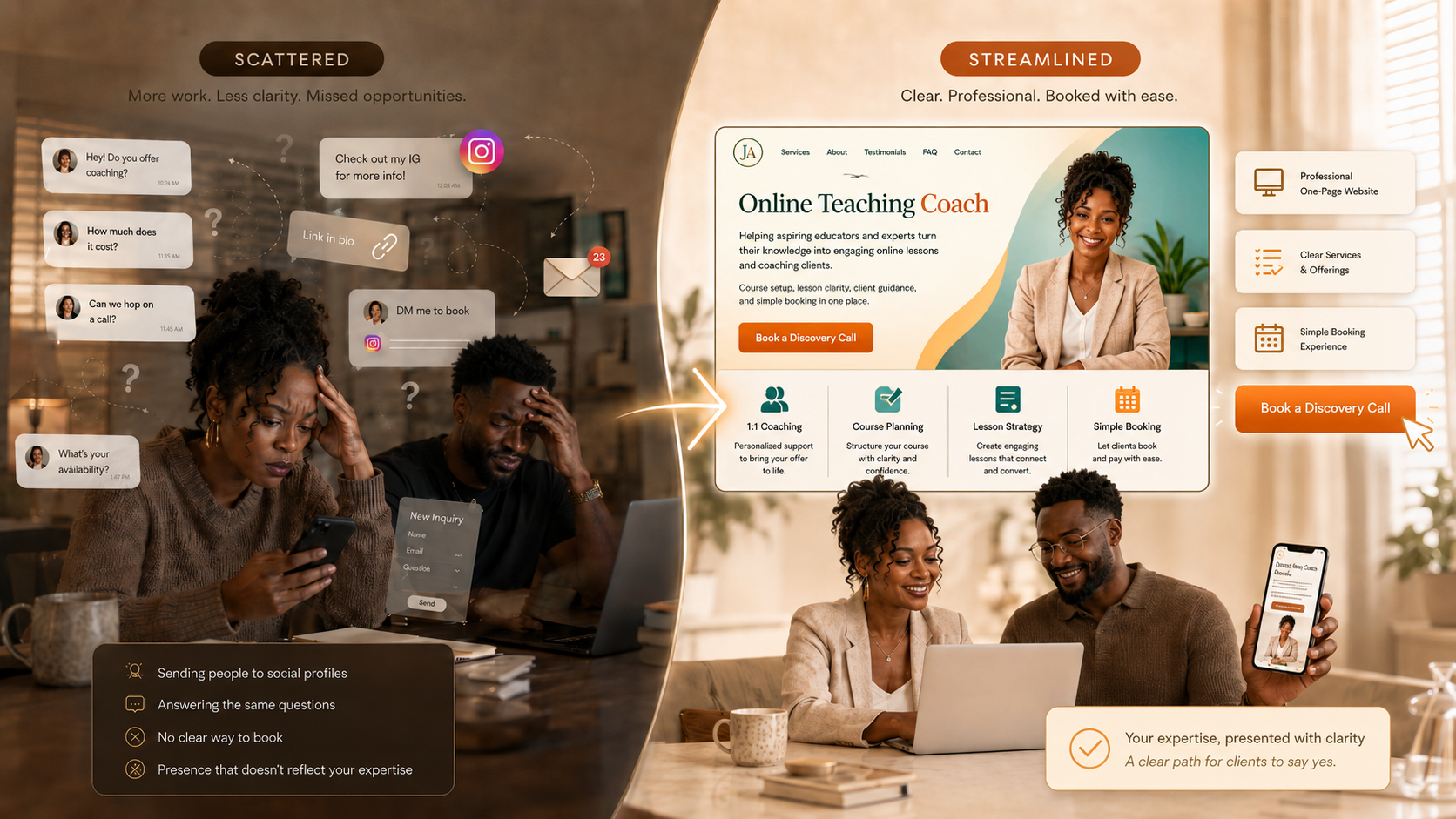 Before and after comparison: a scattered online presence with DMs and link-in-bio confusion transformed into a clean, professional one-page website that books clients with ease
